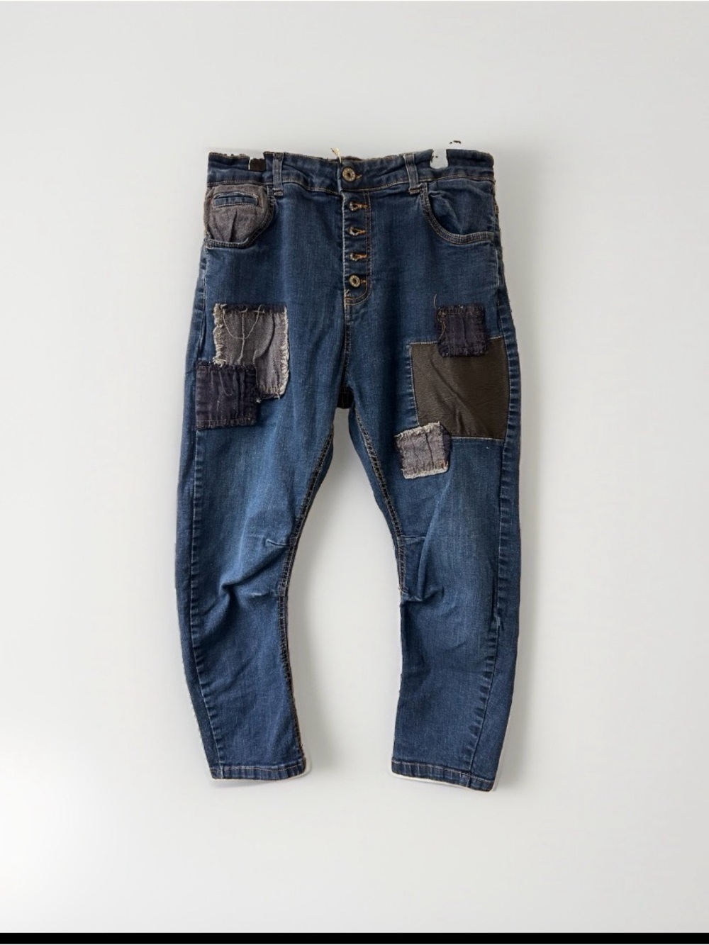 Made in Italy Patchwork Barrel Jeans Button Front Distressed Crop Indie Edgy Lg